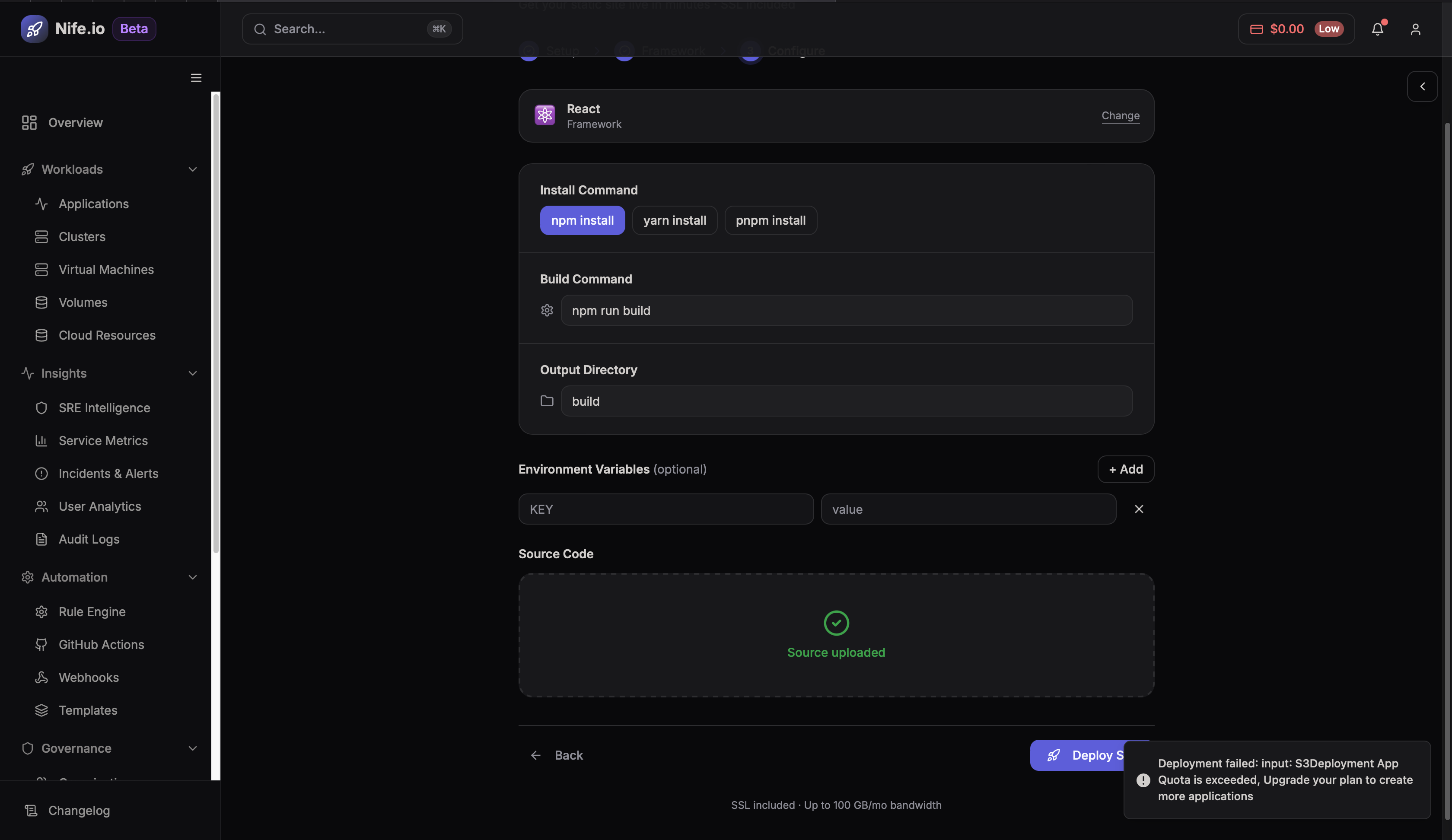 Deploy site button for source deployment