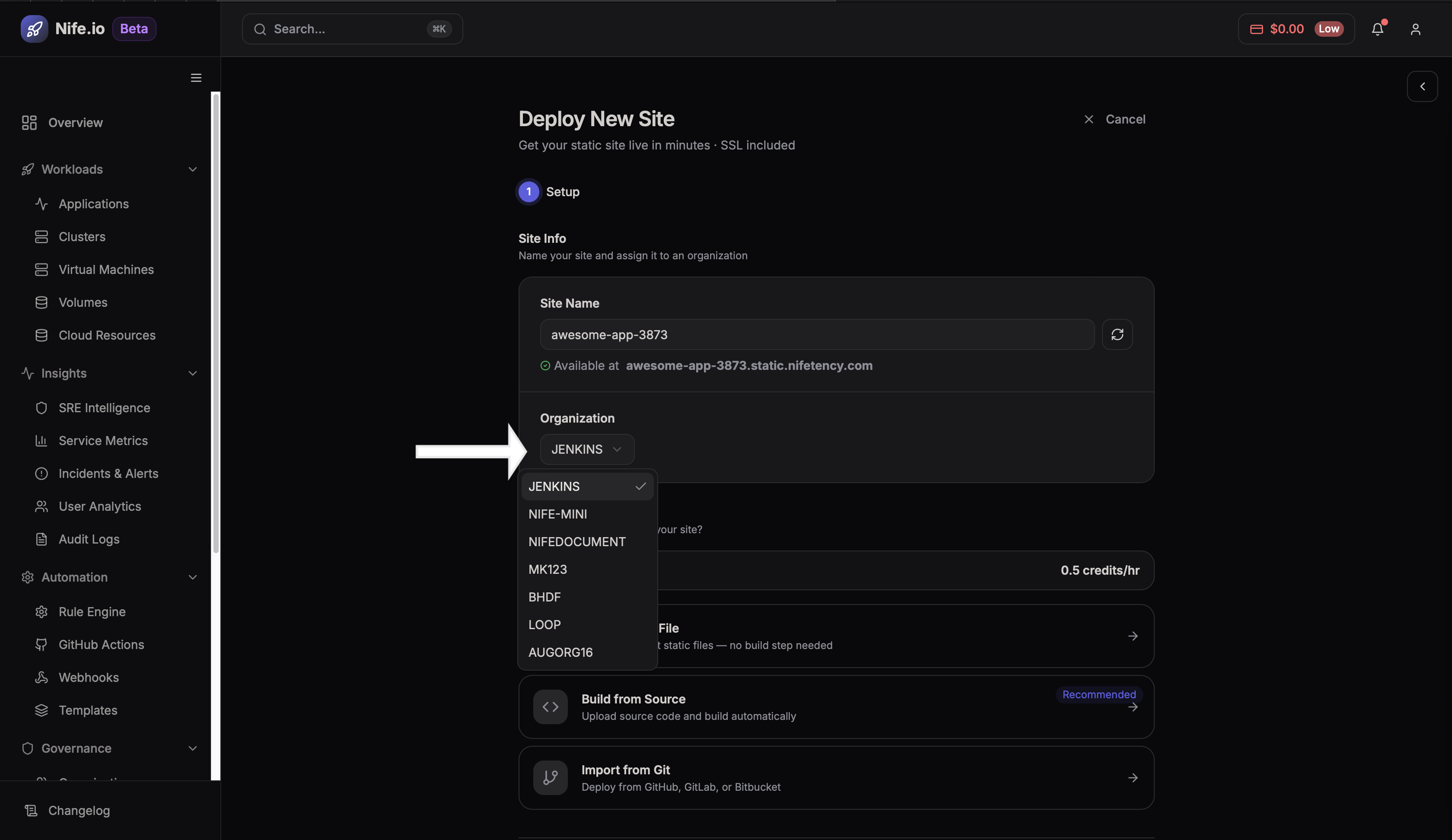 Select organization for source deployment