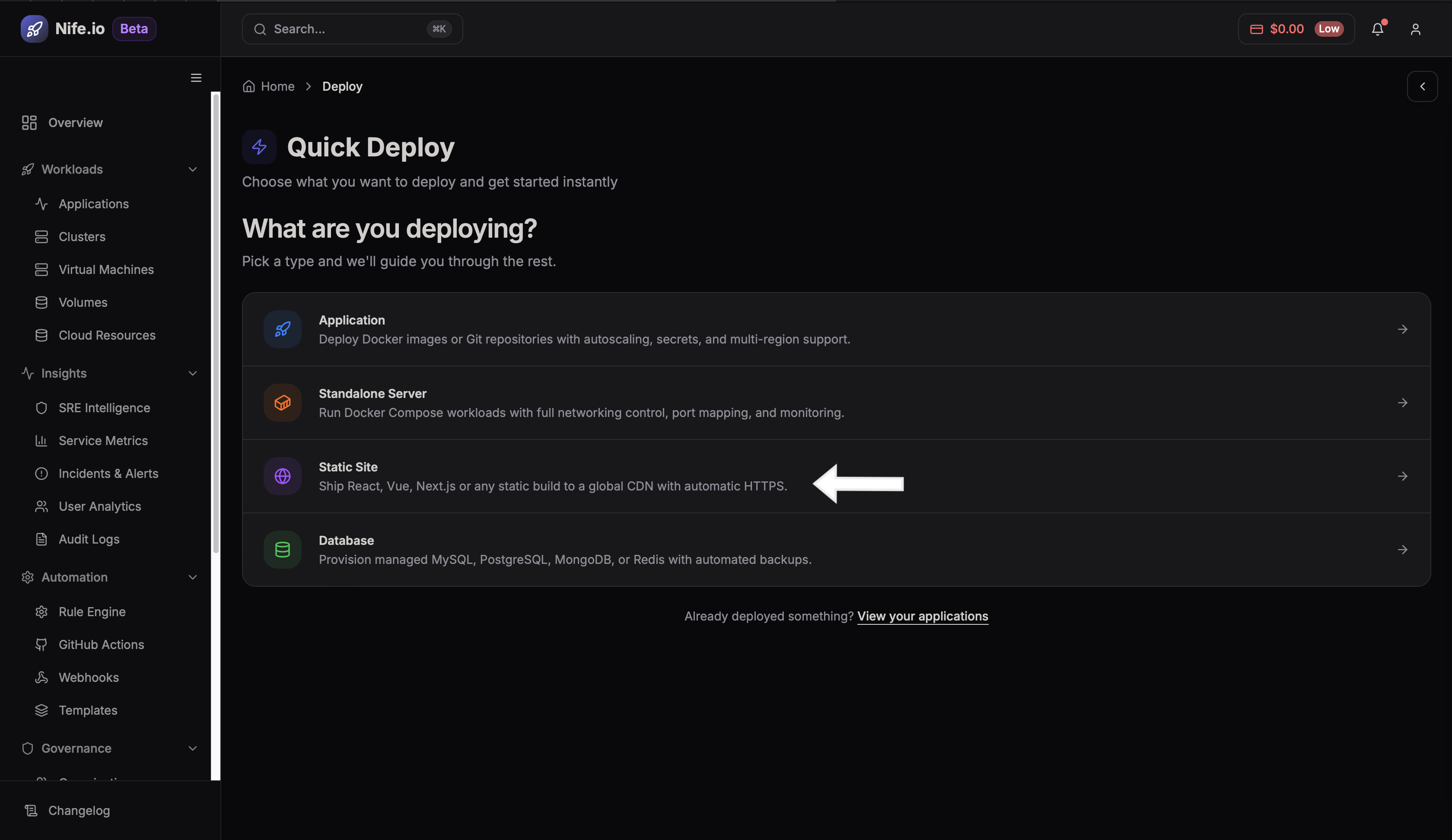 Deploy site dashboard