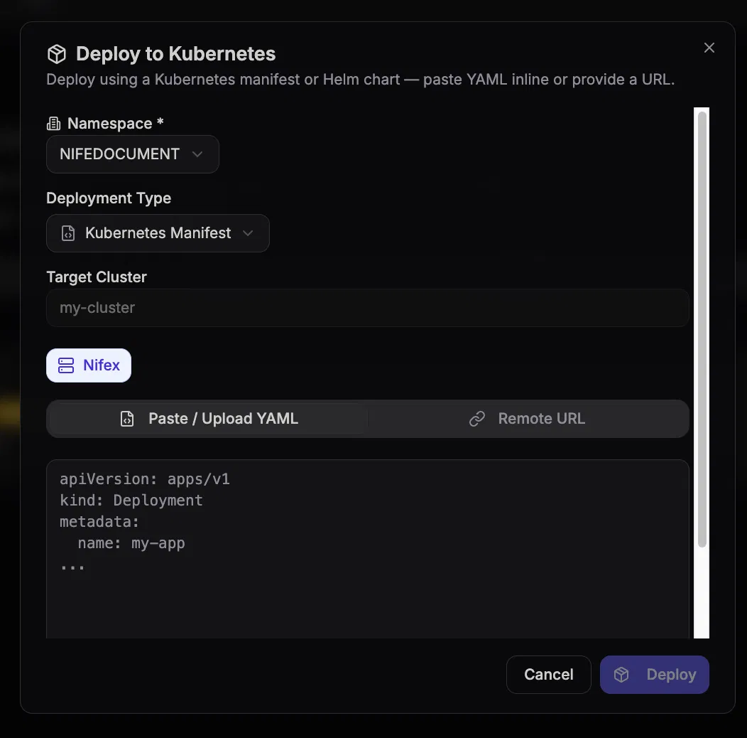 Deploy to Kubernetes dialog with organization and Nifex option selected