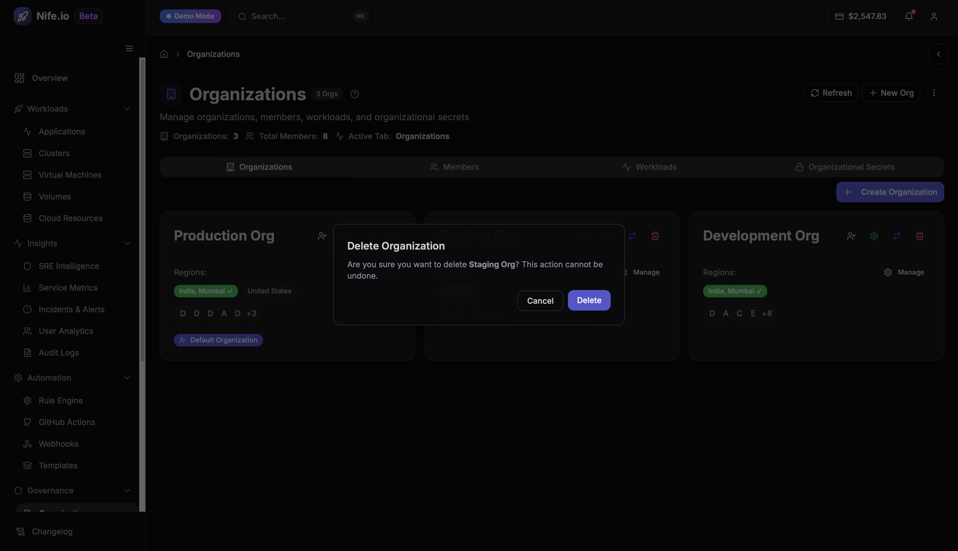 Delete organization confirmation