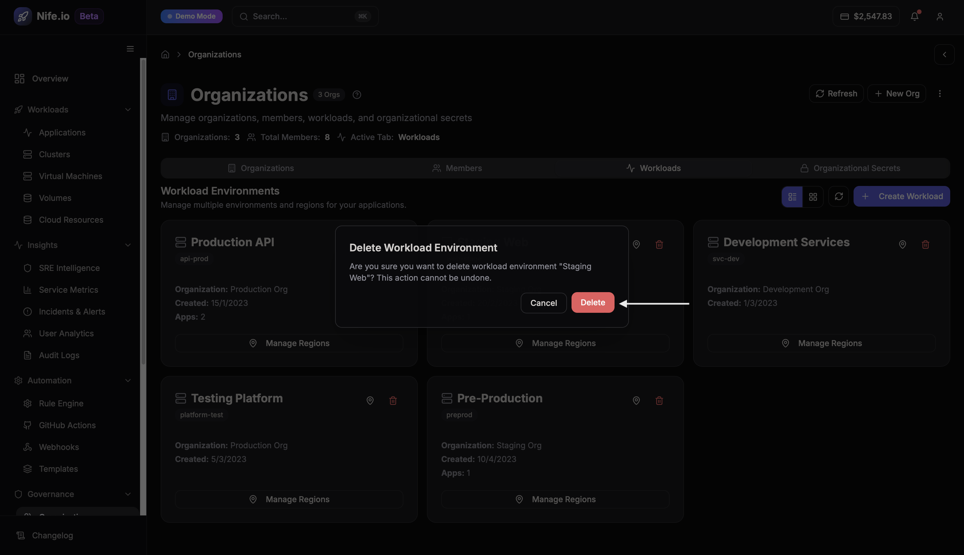 Delete Workload Confirmation