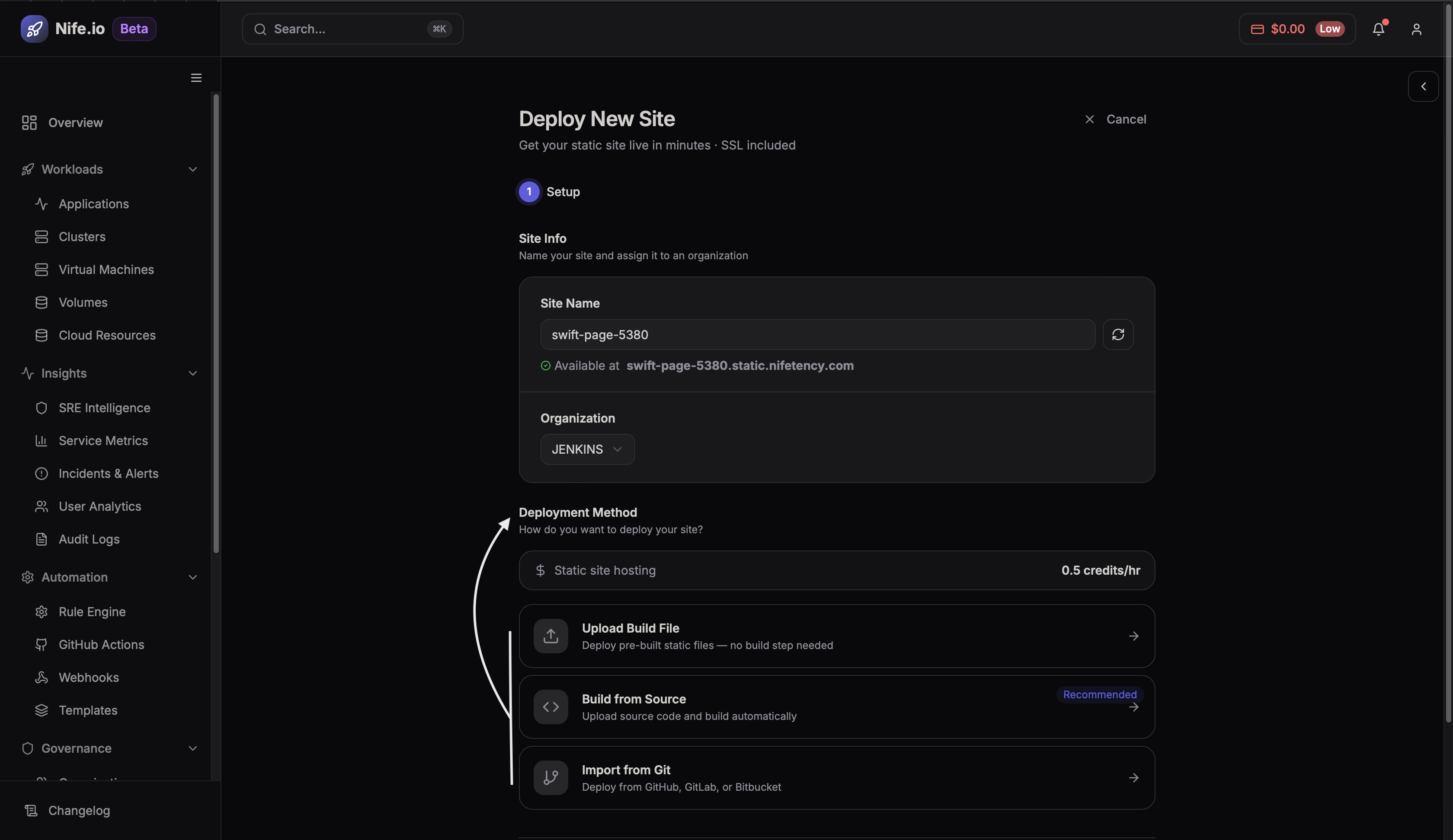 Deploy Site dashboard
