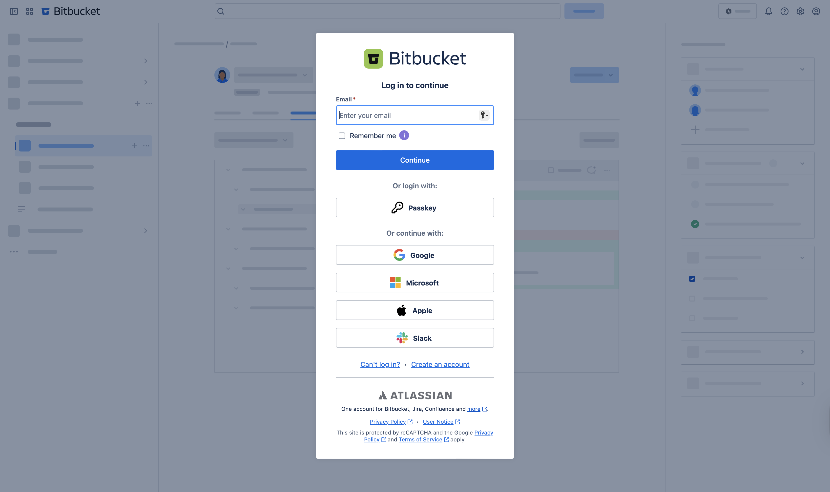 BitBucket sign in page