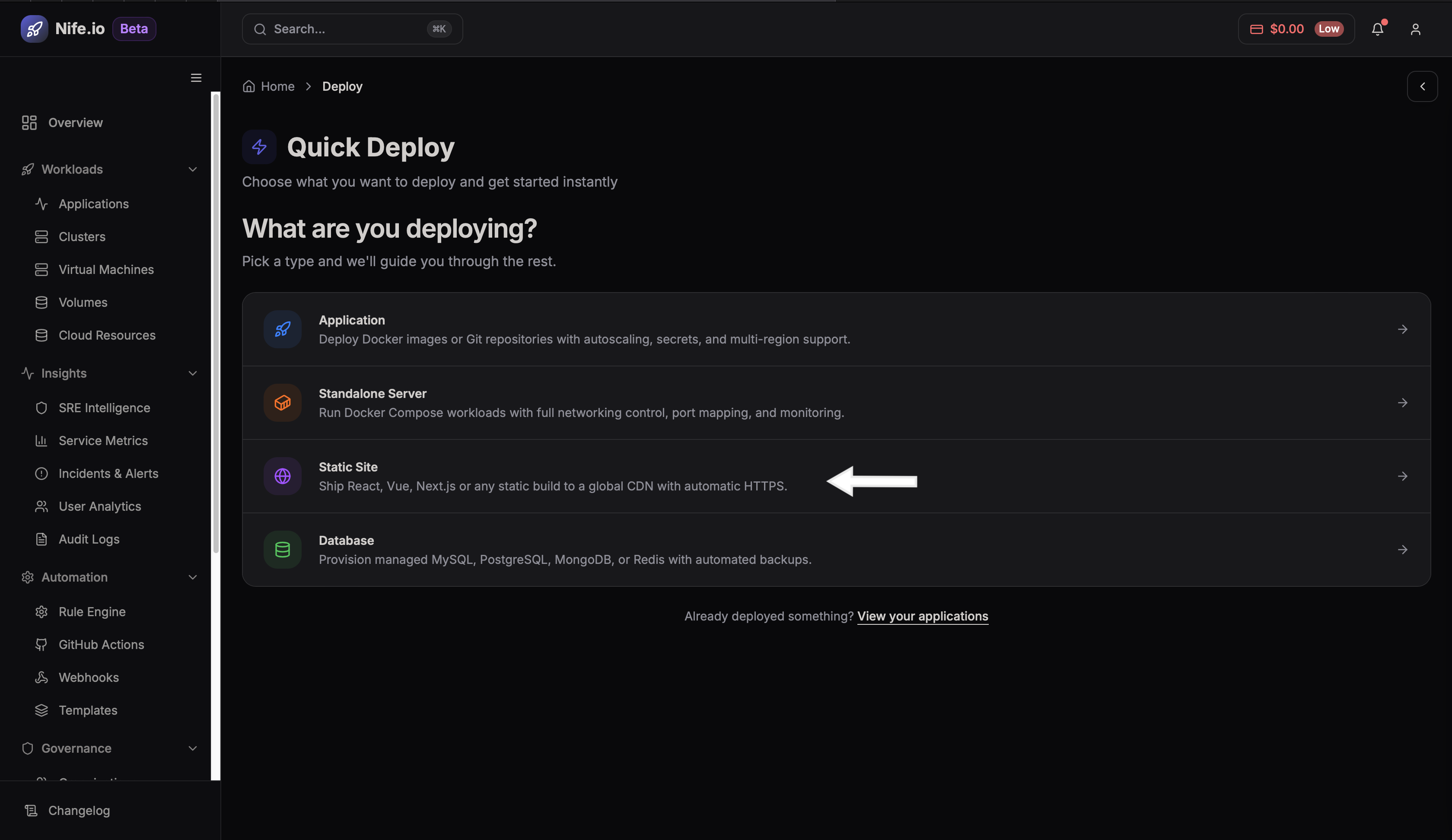 Deploy site dashboard