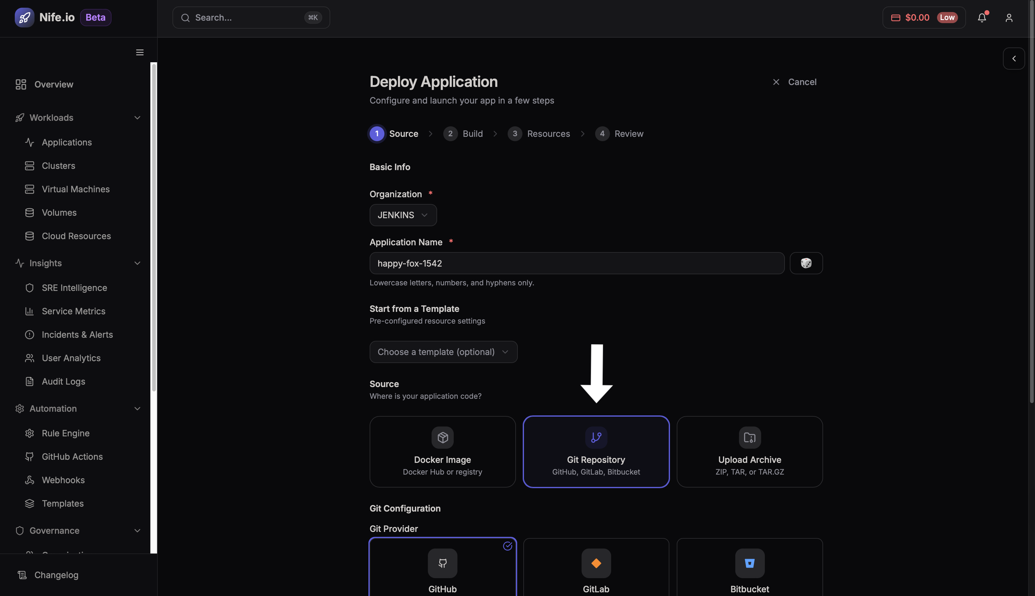 Select git repository option