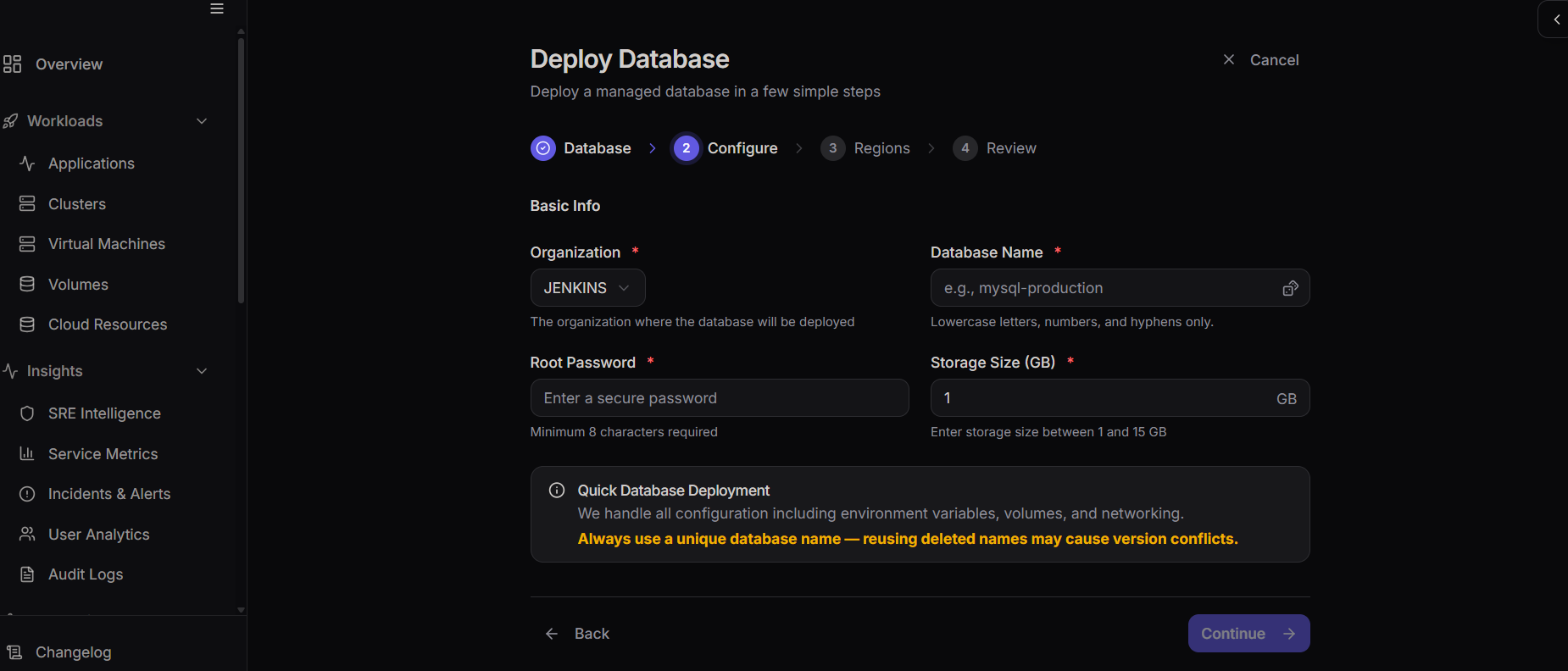 Configure database details