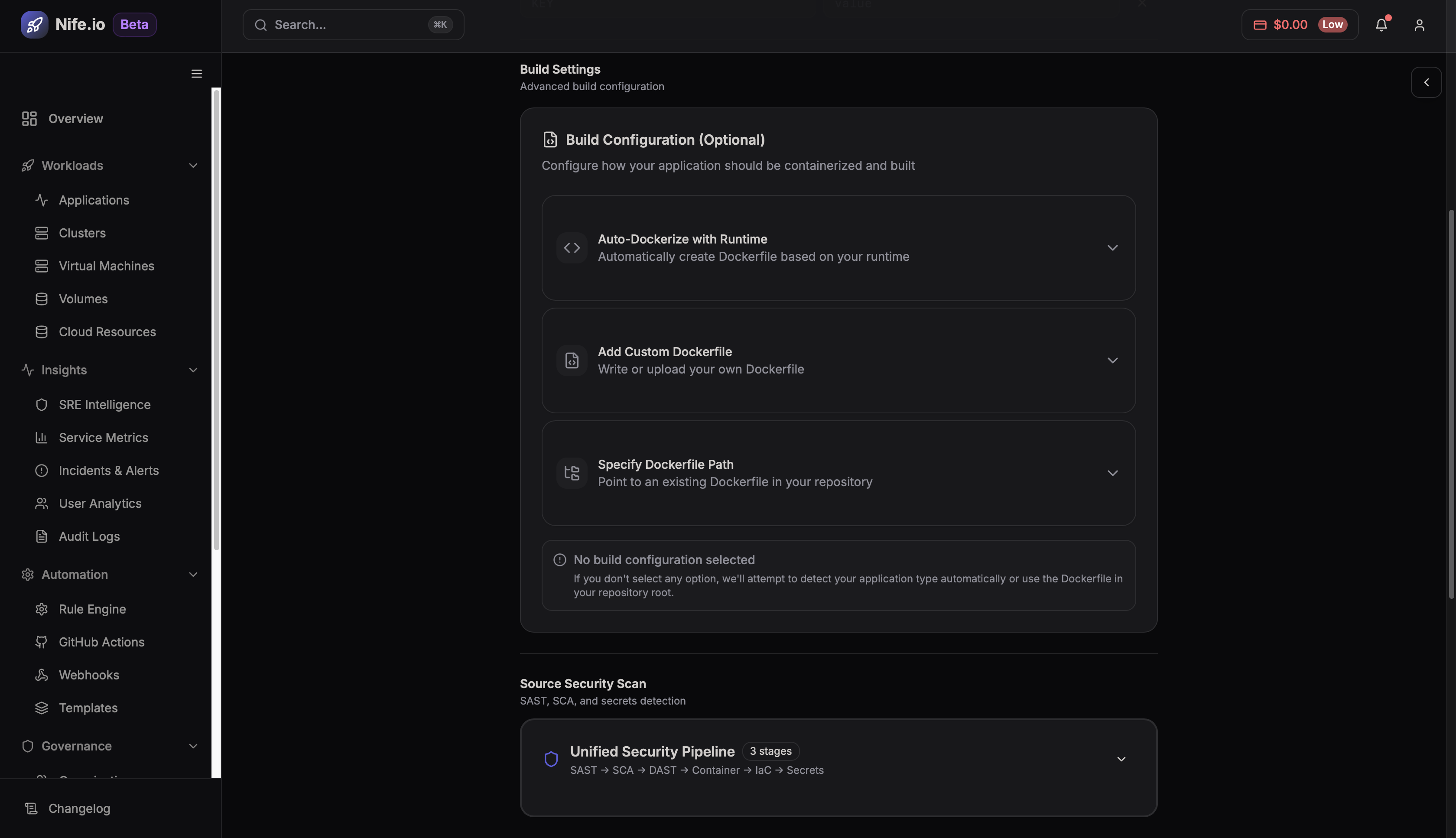 Application build configuration