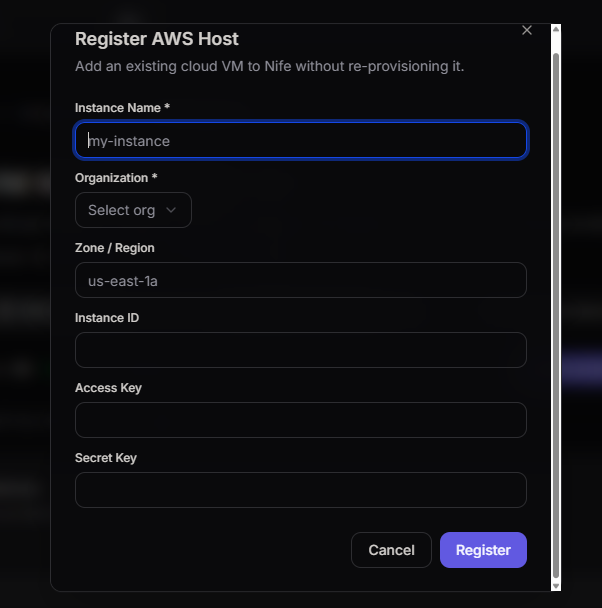Register AWS Host Dialog