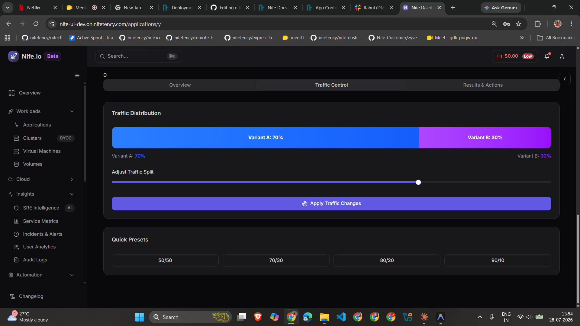 Traffic Control tab, showing the Variant A/B distribution bar, the traffic split slider, and quick presets